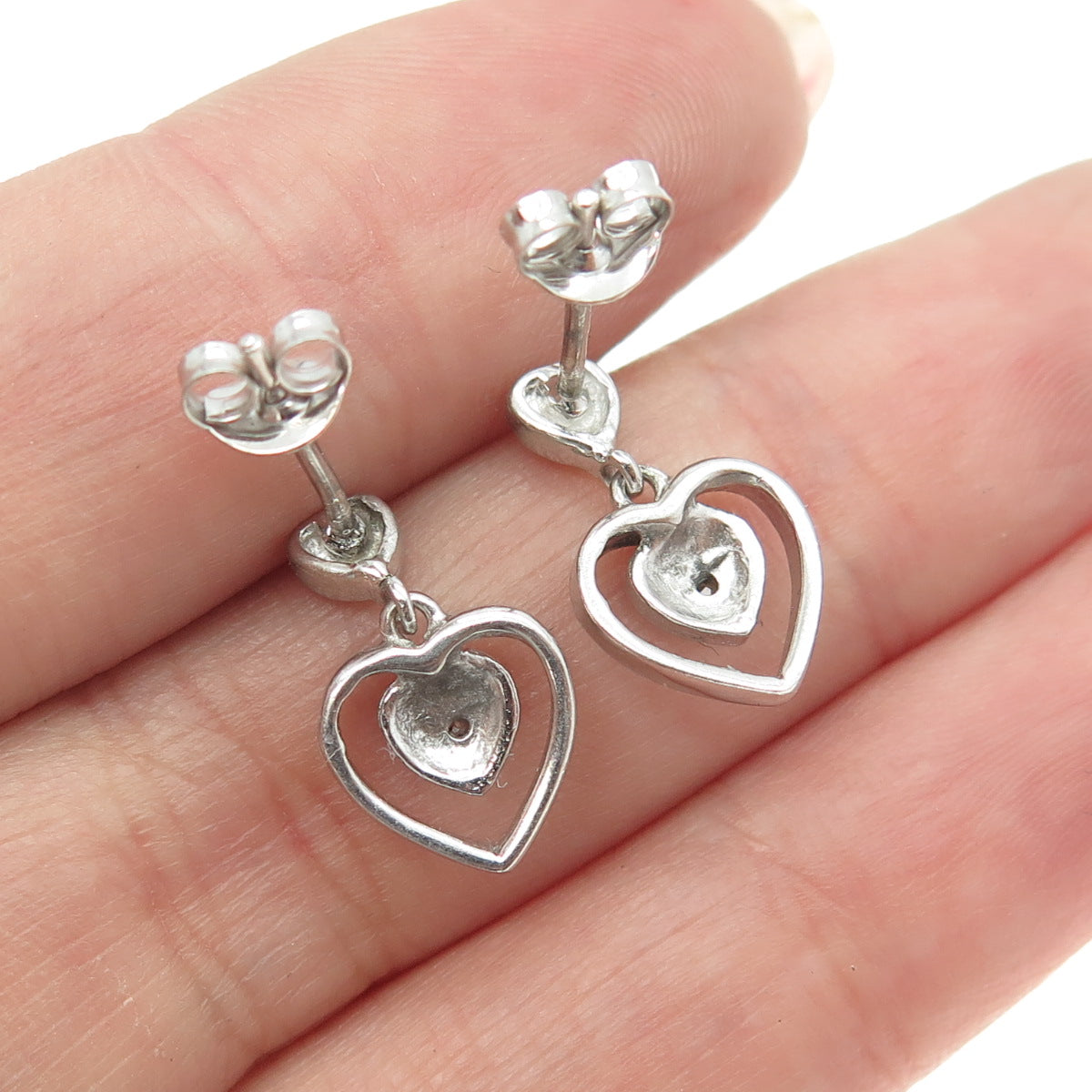 925 Sterling Silver Real Round-Cut Diamond Heart Dangling Earrings