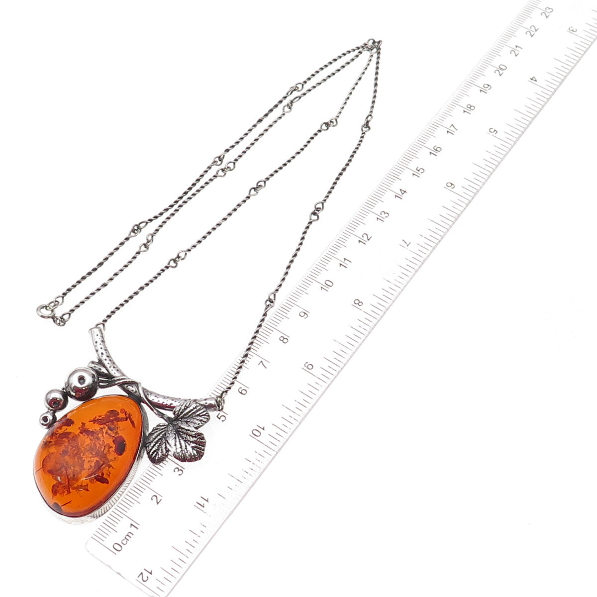 925 Sterling Silver Vintage Real Amber Modernist Floral Bar Chain Necklace 24"
