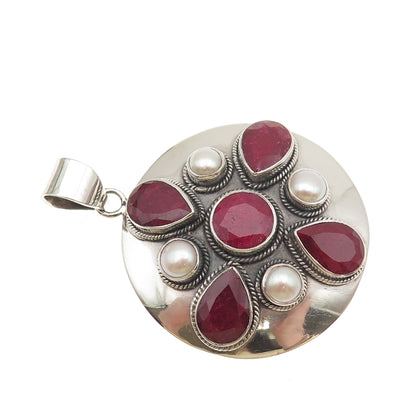 Fadi 925 Sterling Silver Vintage Real Ruby & Pearl Modernist Disc Pendant