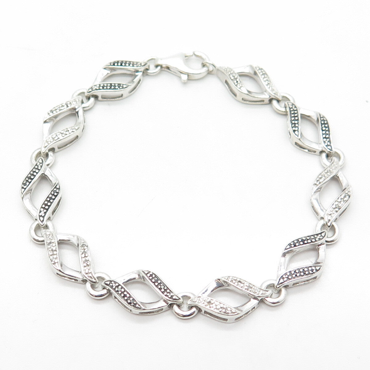 925 Sterling Silver Real White Diamond Twisted Link Bracelet 7.25"