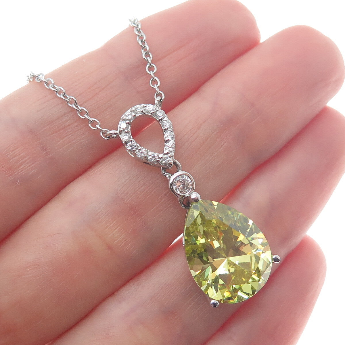 925 Sterling Silver Pear-Cut Lime Citrine Gem & C Z Cable Chain Necklace 18"