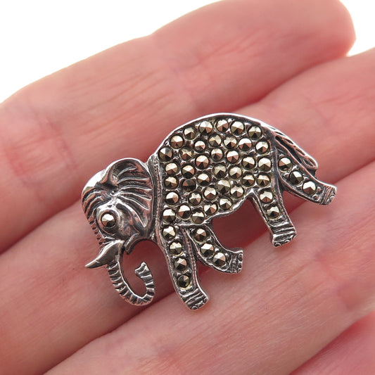 925 Sterling Silver Vintage Real Marcasite Elephant Oxidized Pin Brooch