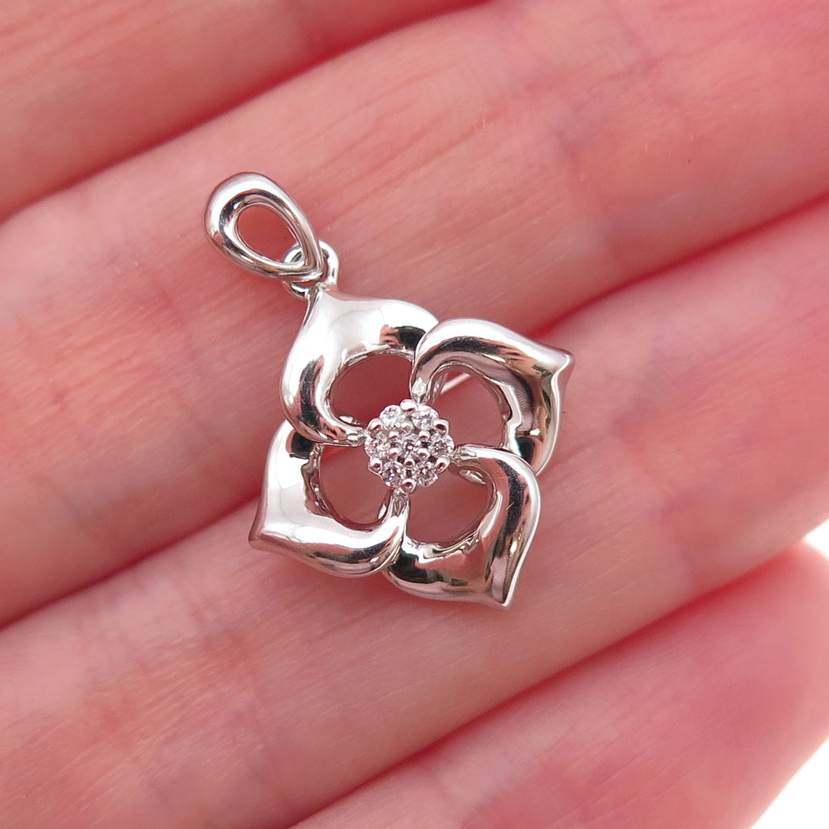 925 Sterling Silver Round-Cut C Z Floral Charm Pendant