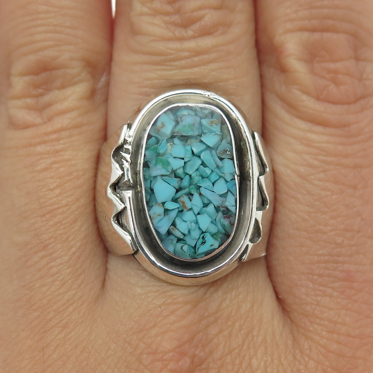 Old Pawn Sterling Silver Vintage Real Turquoise Inlay Bear Paw Ring Size 8.25