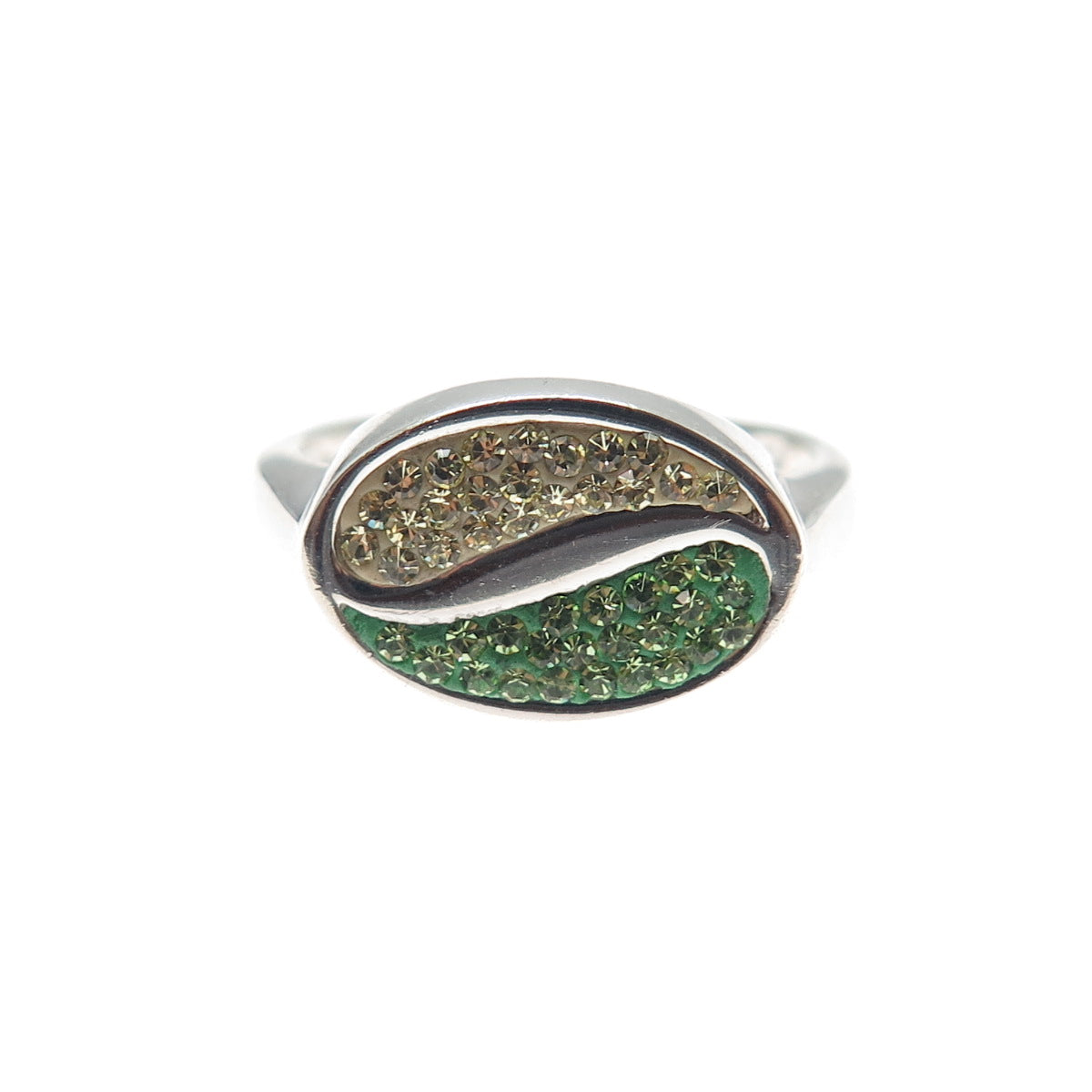 925 Sterling Silver Green & Yellow Rhinestone Yin Yang Ring Size 8.25