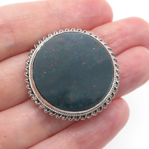 Silver-Tone Antique Victorian Real Round-Cut Bloodstone Twisted Bezel Pin Brooch