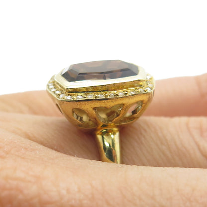 925 Sterling Silver Gold Plated Real Diamond & Smoky Quartz Ring Size 5.75