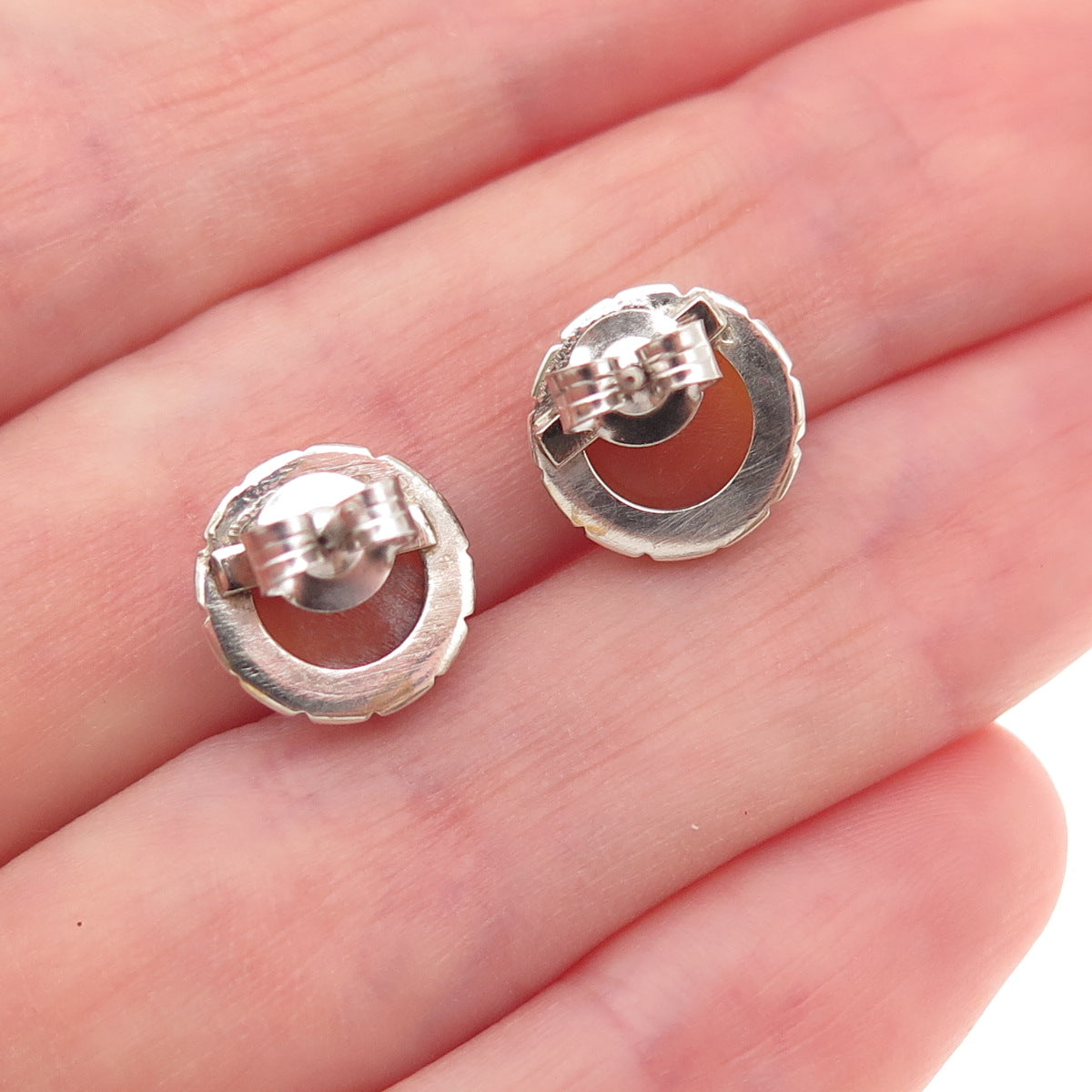 925 Sterling Silver Antique Art Deco Real MOP Carved Lady Cameo Stud Earrings