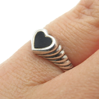 925 Sterling Silver Vintage Heart-Cut Black Onyx Gemstone Ribbed Ring Size 5