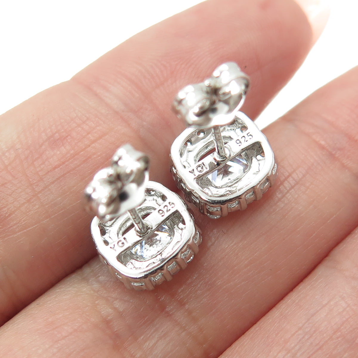 925 Sterling Silver Cushion & Round-Cut C Z Sparkle Stud Earrings