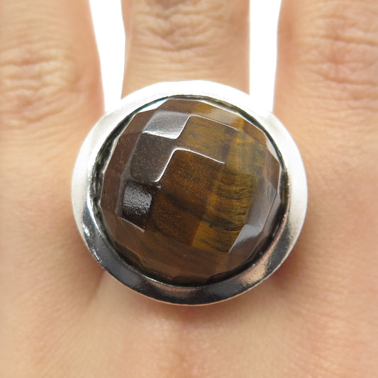 925 Sterling Silver Vintage Real Tiger Eye Gemstone Wide Ring Size 11