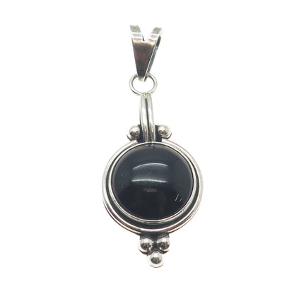 925 Sterling Silver Vintage Real Black Onyx Beaded Oxidized Pendant
