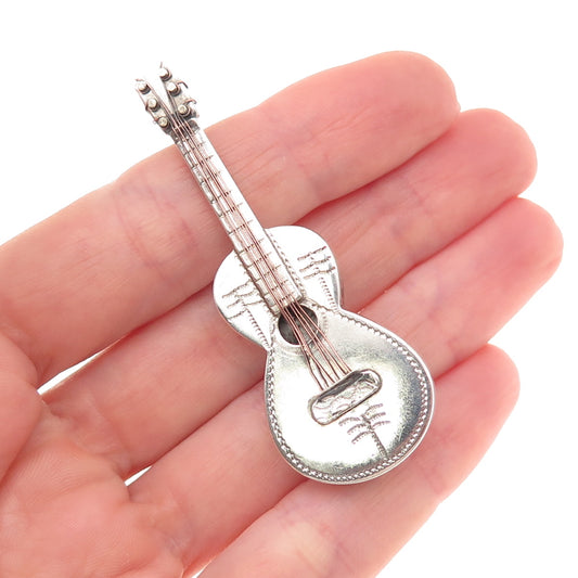 925 Sterling Silver 2-Tone Vintage Mexico Guitar Oxidized Pin Brooch