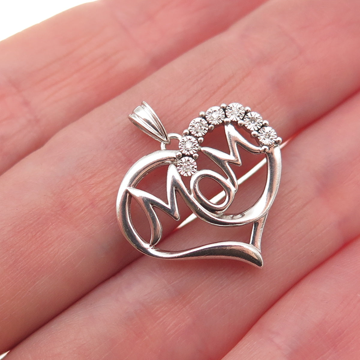 Richline 925 Sterling Silver Real Round-Cut Diamond Mom Heart Charm Pendant