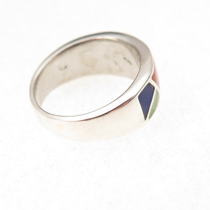 925 Sterling Silver Vintage Real Opal Turquoise Spiny Oyster & Lapis Ring Size 6