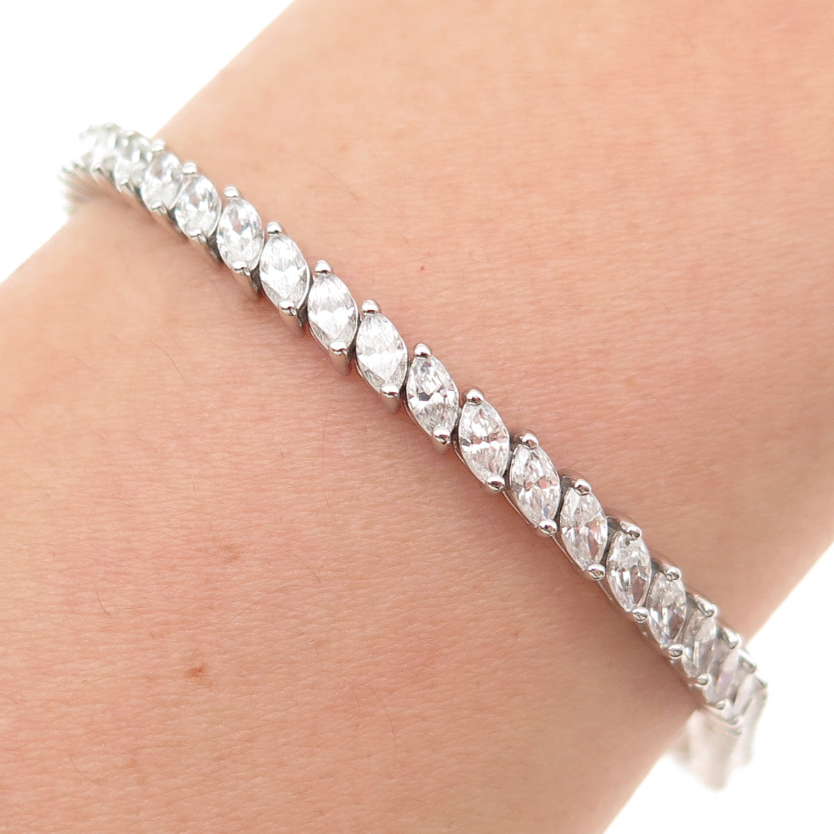925 Sterling Silver Marquise-Cut C Z Link Bracelet 7.25"