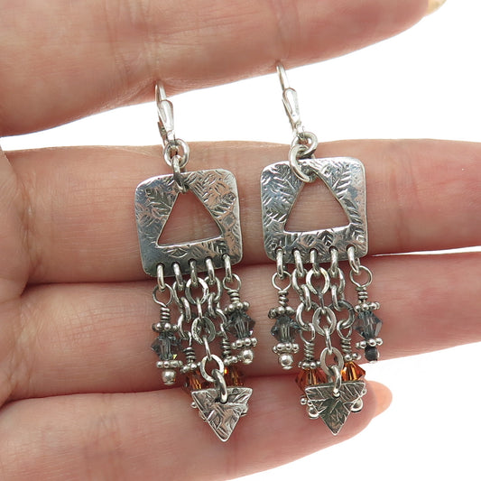 925 Sterling Silver Vintage Fire & Blue Glass Tribal Dangle Earrings