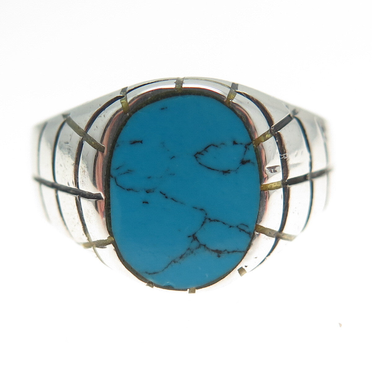 925 Sterling Silver Vintage Mexico Real Turquoise Spider Web Ring Size 12.25
