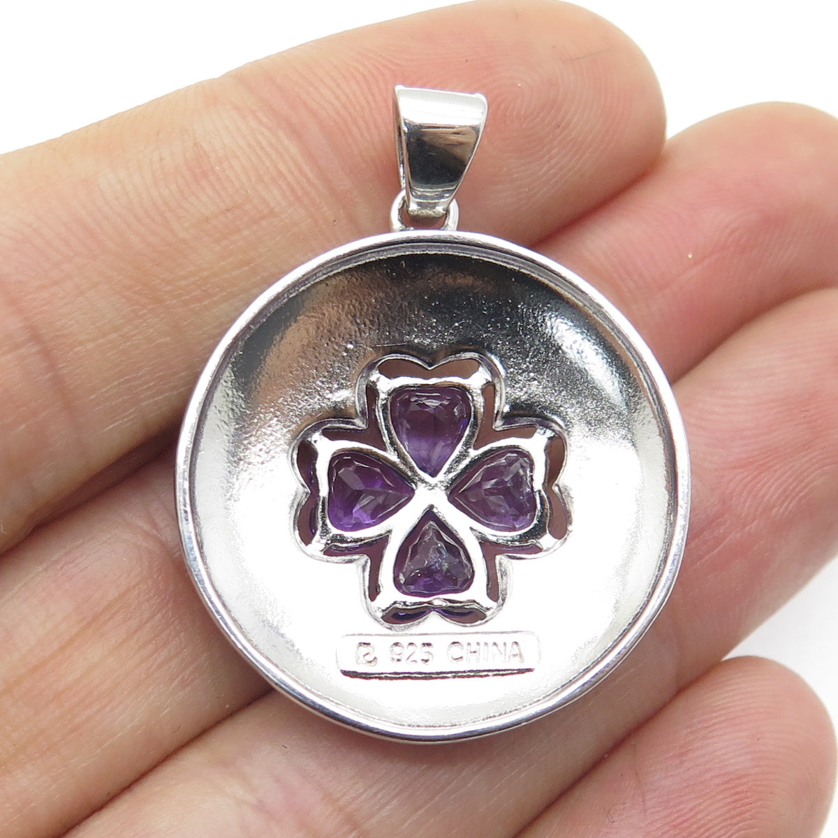 ROSS SIMONS 925 Sterling Silver Enamel Real Amethyst Heart Clover Pendant