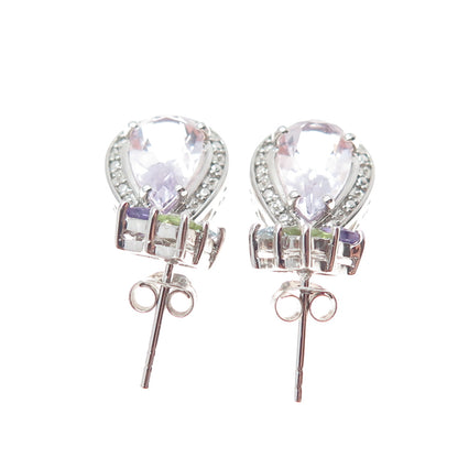 925 Sterling Silver Real Diamond Accent Blue Topaz Peridot & Amethyst Earrings