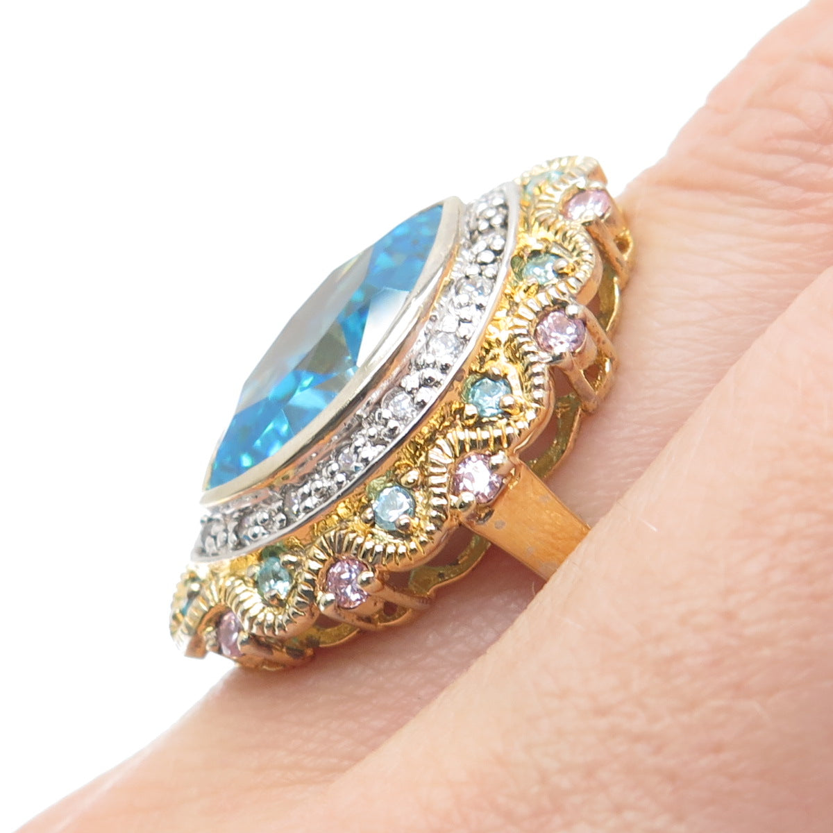 925 Sterling Silver Gold Plated ADI Multi-Color C Z Cluster Ring Size 6.75