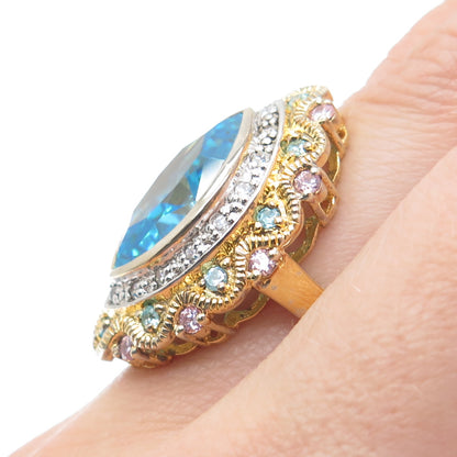 925 Sterling Silver Gold Plated ADI Multi-Color C Z Cluster Ring Size 6.75