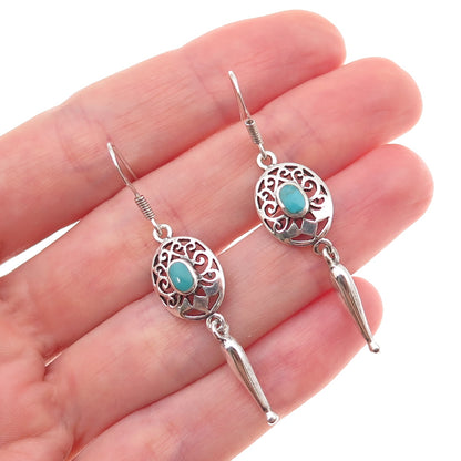 925 Sterling Silver Vintage Real Turquoise Floral Oxidized Dangle Earrings