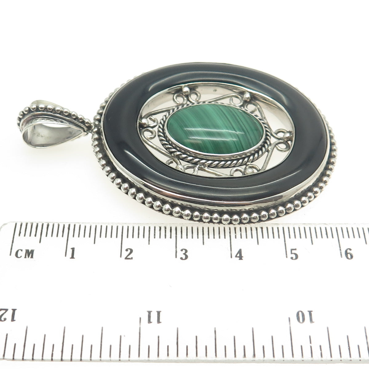 MERAV 925 Sterling Silver Vintage Real Black Onyx & Malachite Oval Pendant