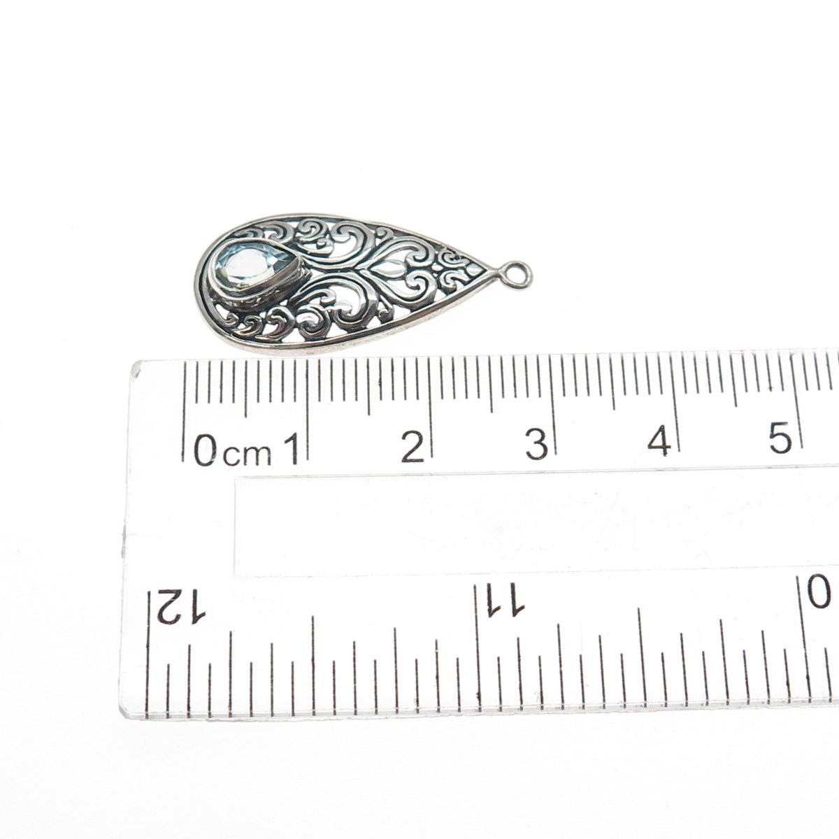 925 Sterling Silver Vintage Real Blue Topaz Ornate Teardrop Oxidized Pendant