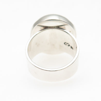 925 Sterling Silver Vintage Real Pearl Modernist Oxidized Ring Size 6.25