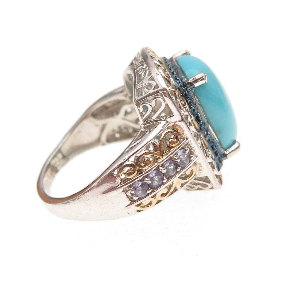 Chuck Clemency Sterling 2-Tone Real Diamond Turquoise & Tanzanite Ring Size 8.25