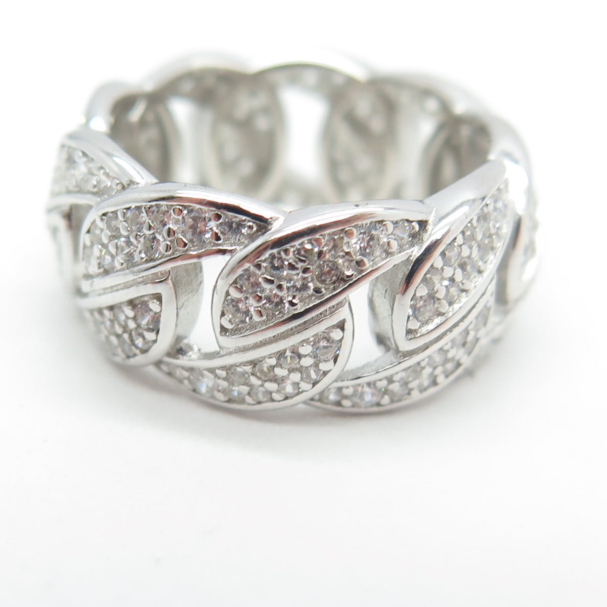 925 Sterling Silver Pave C Z Cuban Chain Band Ring Size 5.5