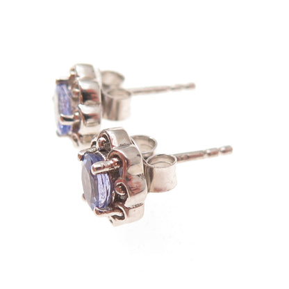 Chuck Clemency 925 Sterling Silver Real Oval-Cut Tanzanite Floral Stud Earrings