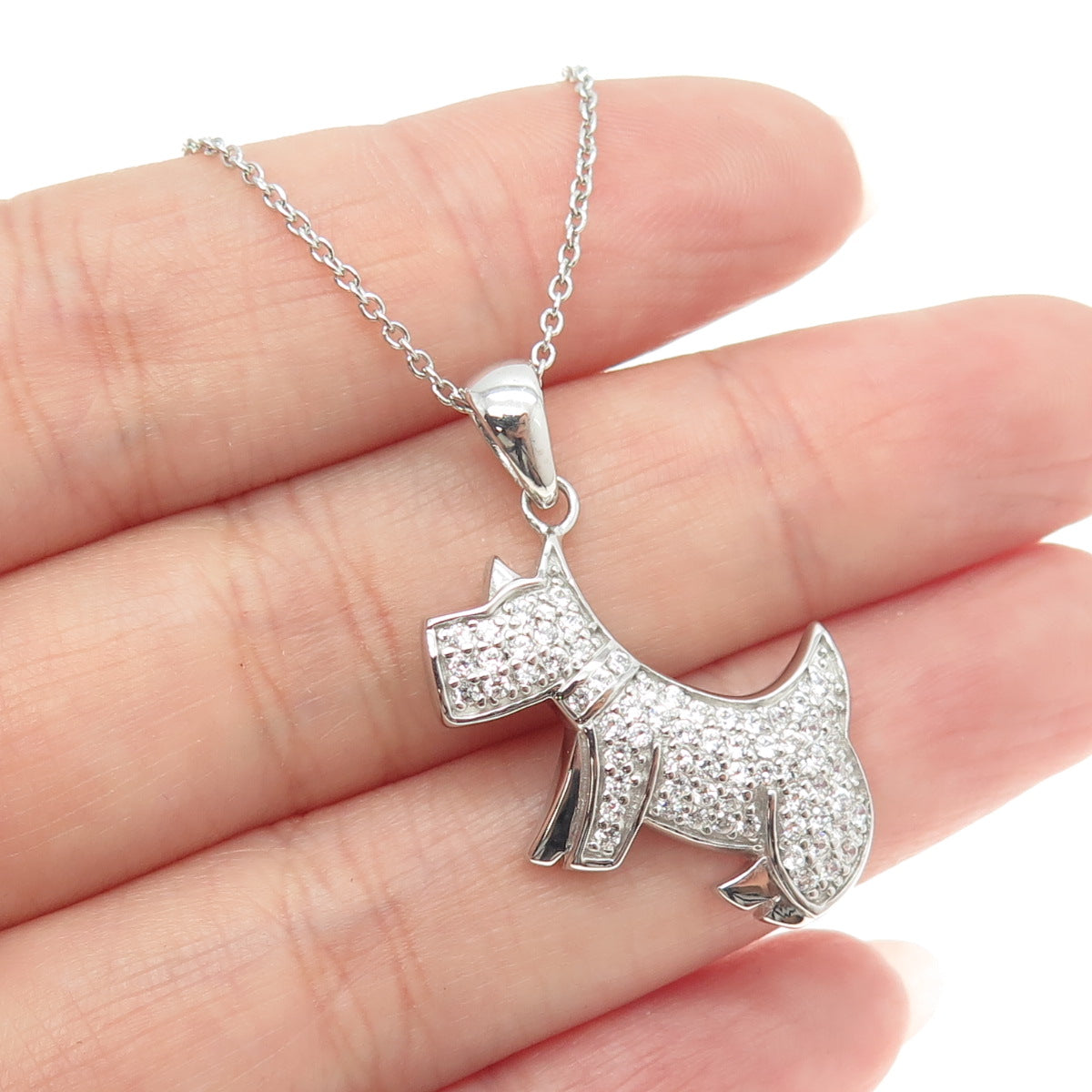 925 Sterling Silver Pave C Z Terrier Dog Pendant Rolo Chain Necklace 18"