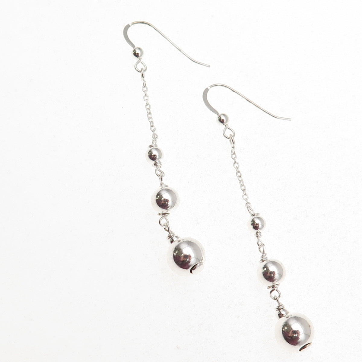 925 Sterling Silver Vintage Graduated Ball Beaded Chain Drop Dangle Earrings