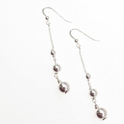 925 Sterling Silver Vintage Graduated Ball Beaded Chain Drop Dangle Earrings