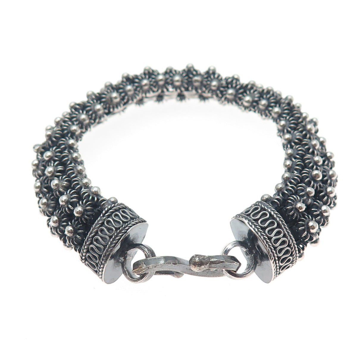 925 Sterling Silver Vintage Oxidized Cannetille Link Bracelet 7.25"