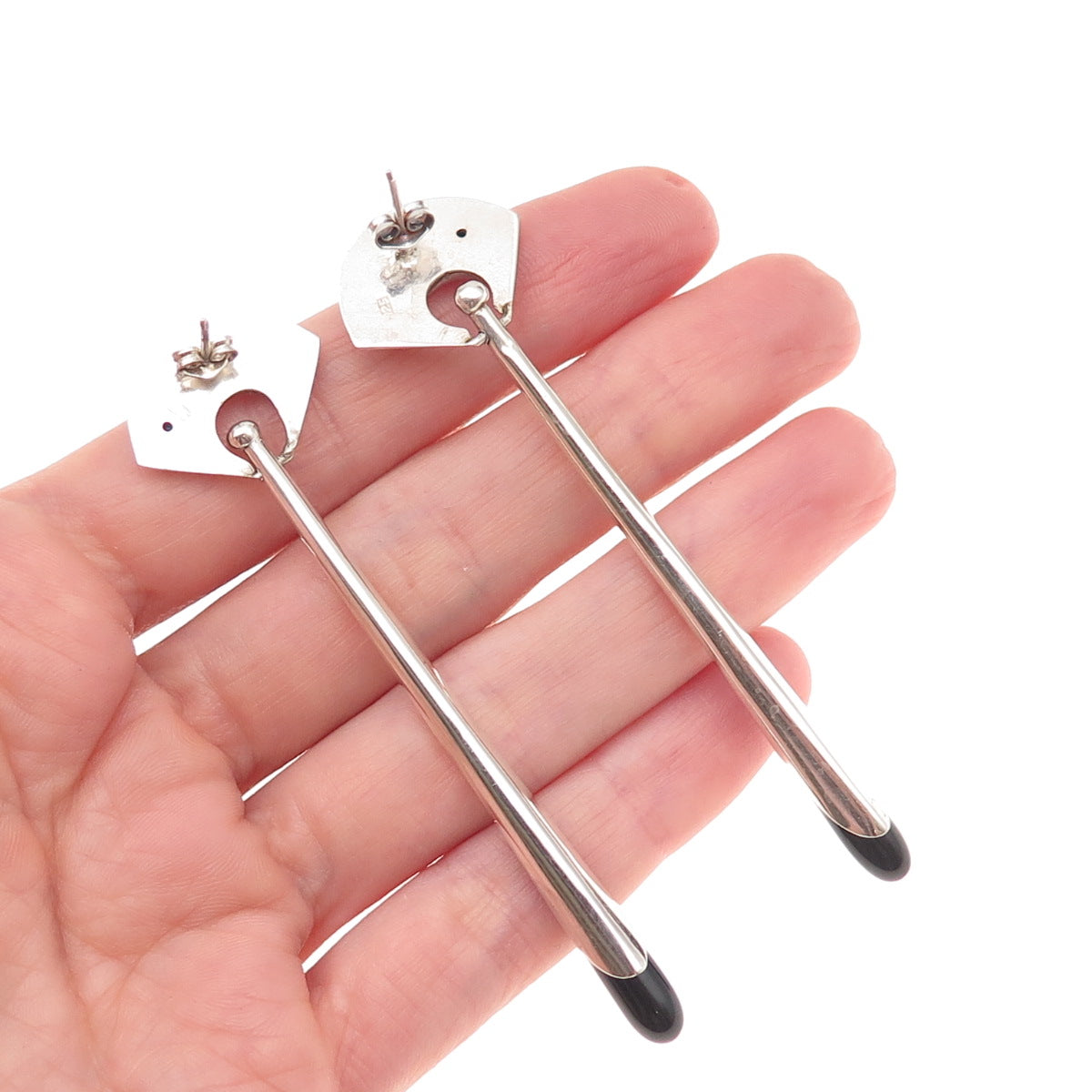 925 Sterling Silver Vintage Real Black Onyx Modernist Dangle Earrings