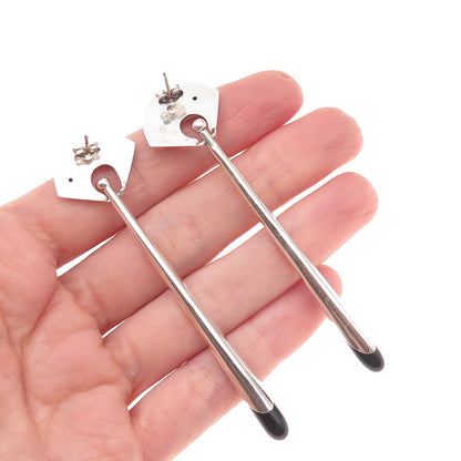 925 Sterling Silver Vintage Real Black Onyx Modernist Dangle Earrings
