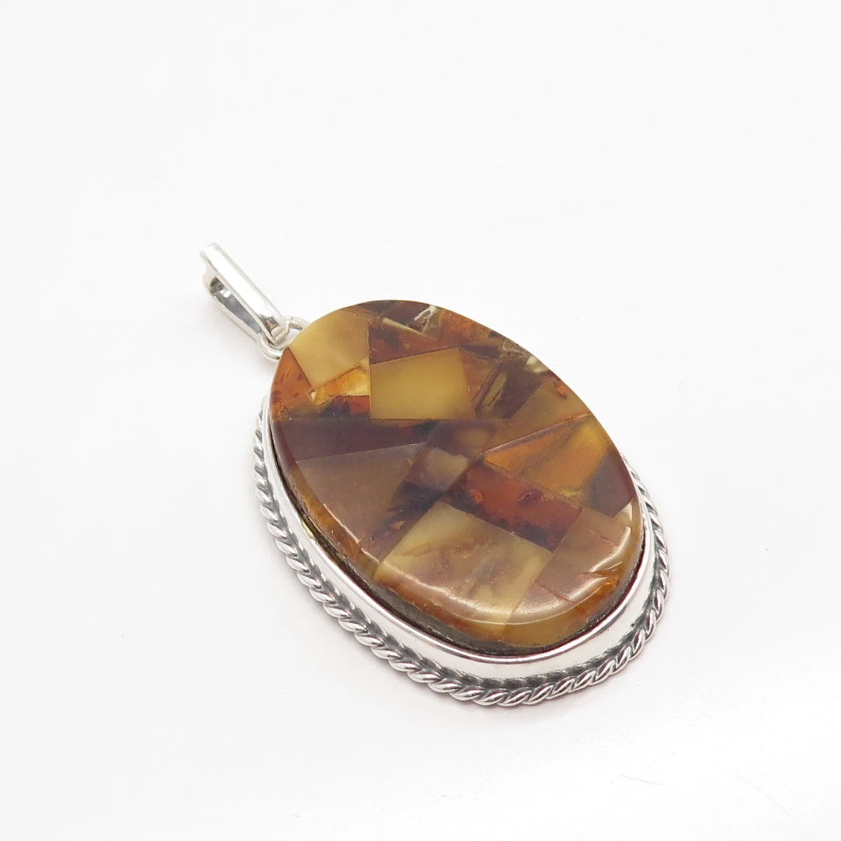 925 Sterling Silver Vintage Real Amber Twisted Oval Pendant