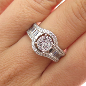 925 Sterling Silver Round & Emerald-Cut C Z Engagement Ring Size 7.25