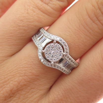 925 Sterling Silver Round & Emerald-Cut C Z Engagement Ring Size 7.25
