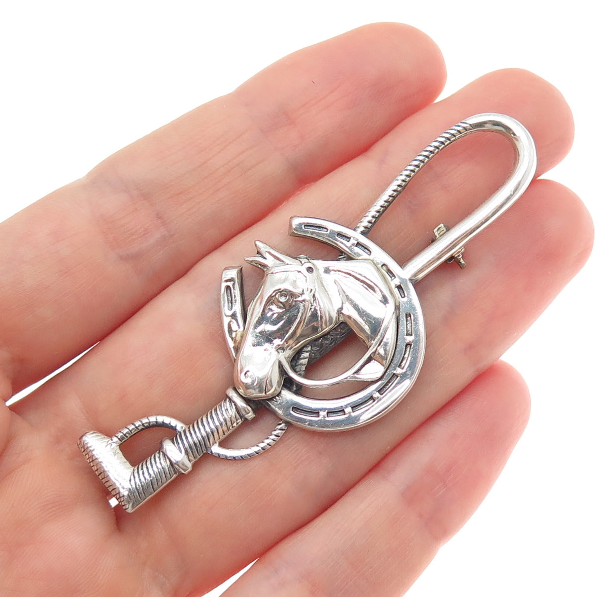 925 Sterling Silver Antique Art Deco Clover Horse Club Stirrup Pin Brooch