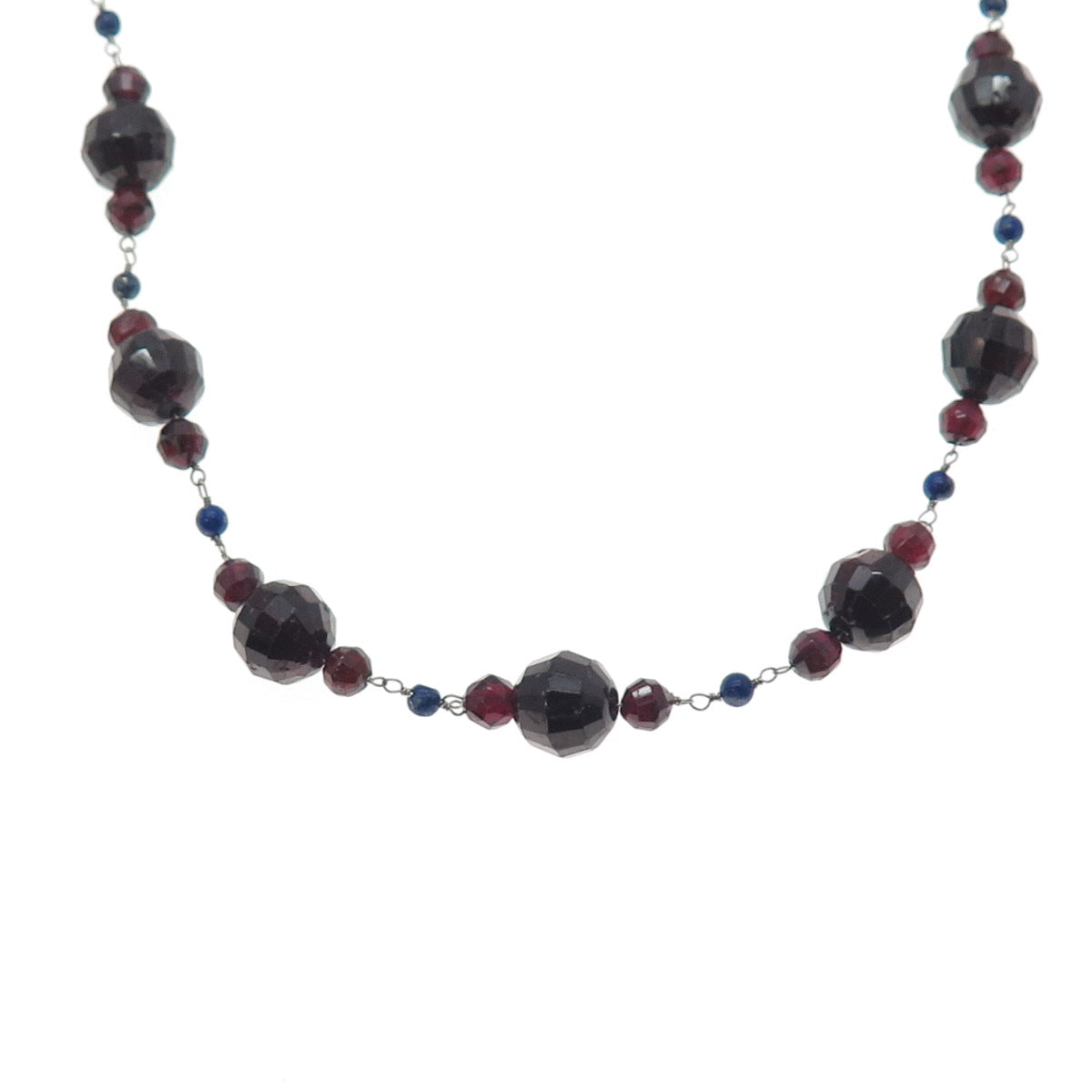925 Sterling Silver Vintage Real Red Garnet & Lapis Beaded Chain Necklace 16"