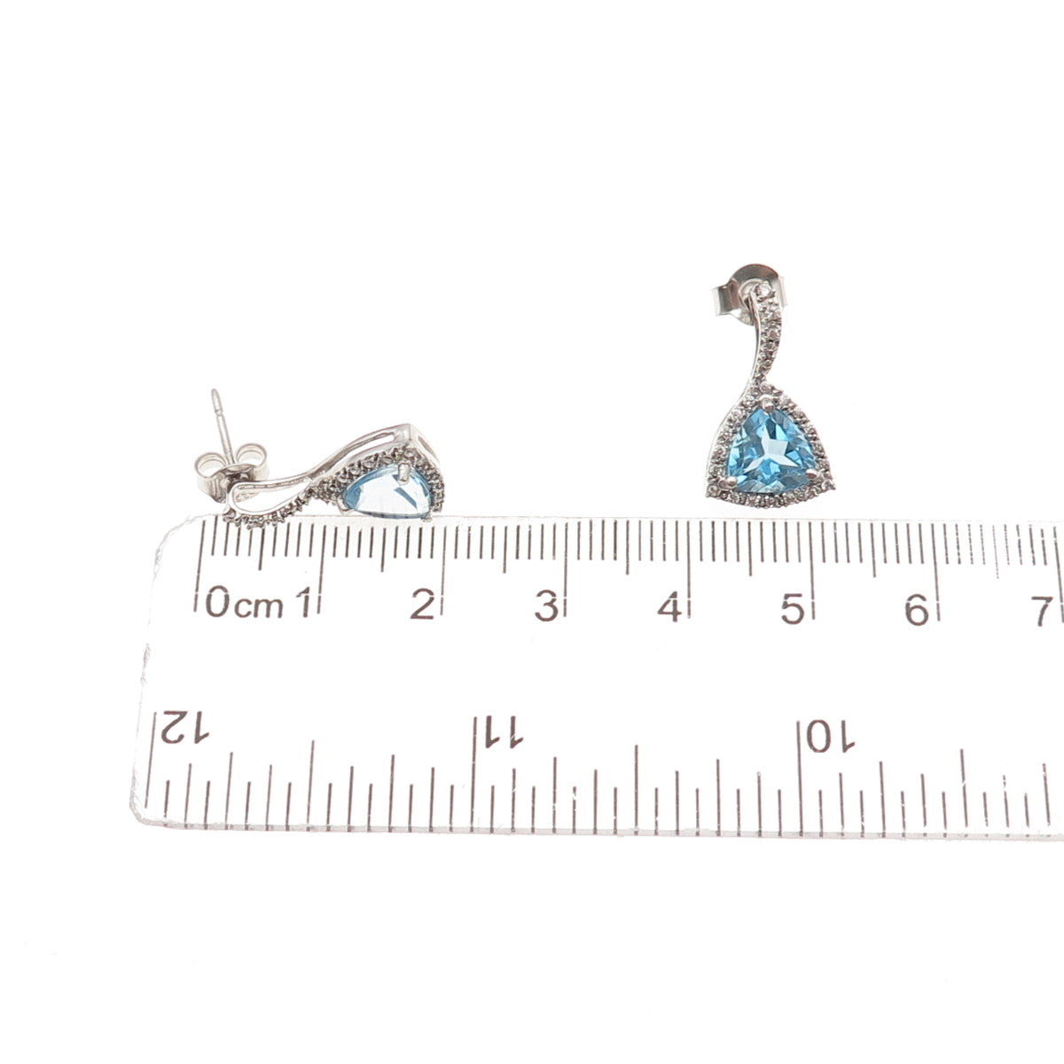 925 Sterling Silver Real Triangle-Cut Blue Topaz & Round-Cut C Z Earrings