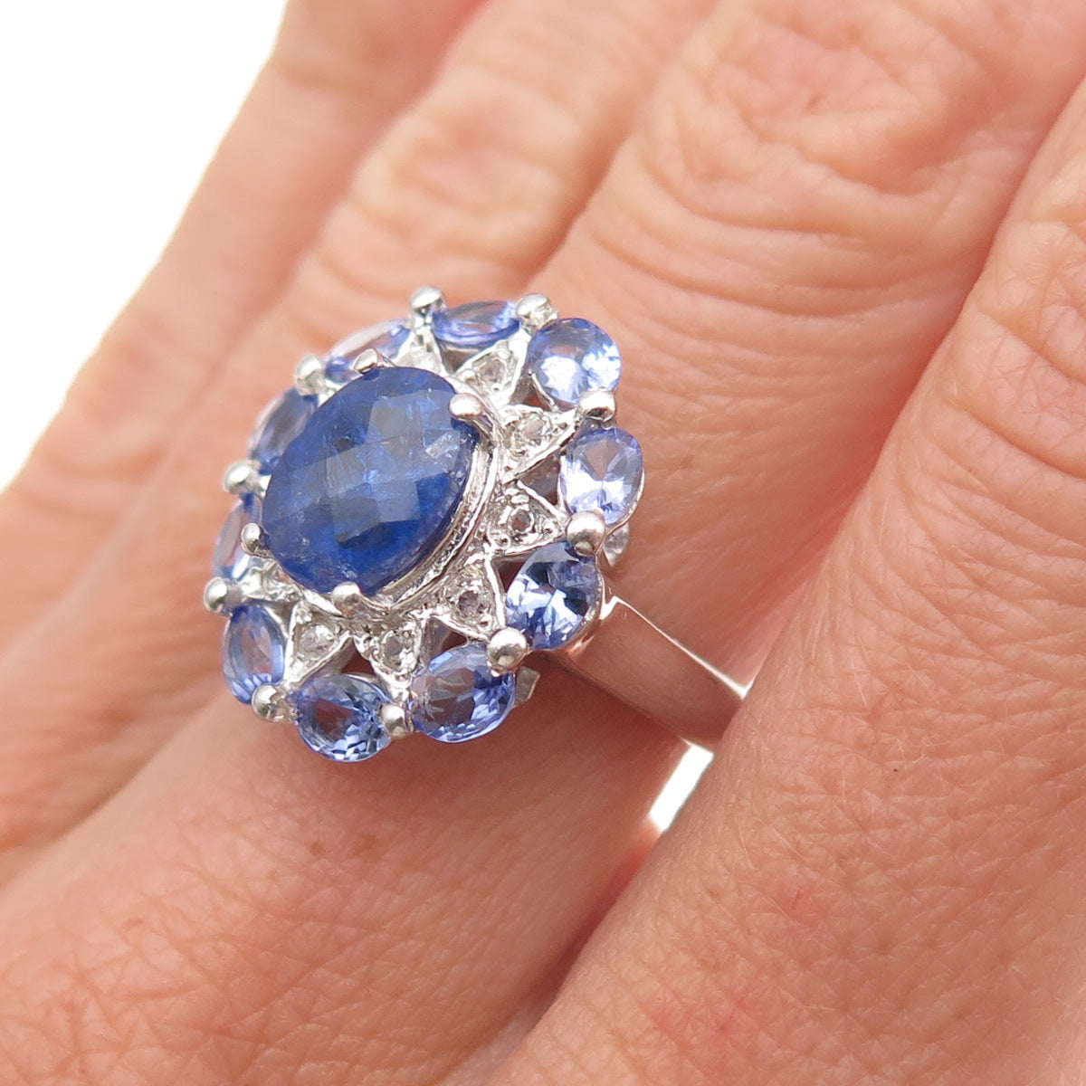 925 Sterling Silver Real Oval-Cut Tanzanite & Round-Cut White Topaz Ring Size 6