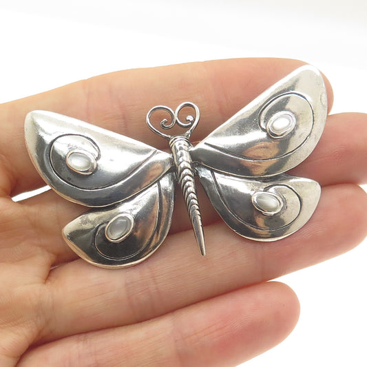 NATURE 925 Sterling Silver Vintage Real Mother-of-Pearl Butterfly Pin Brooch