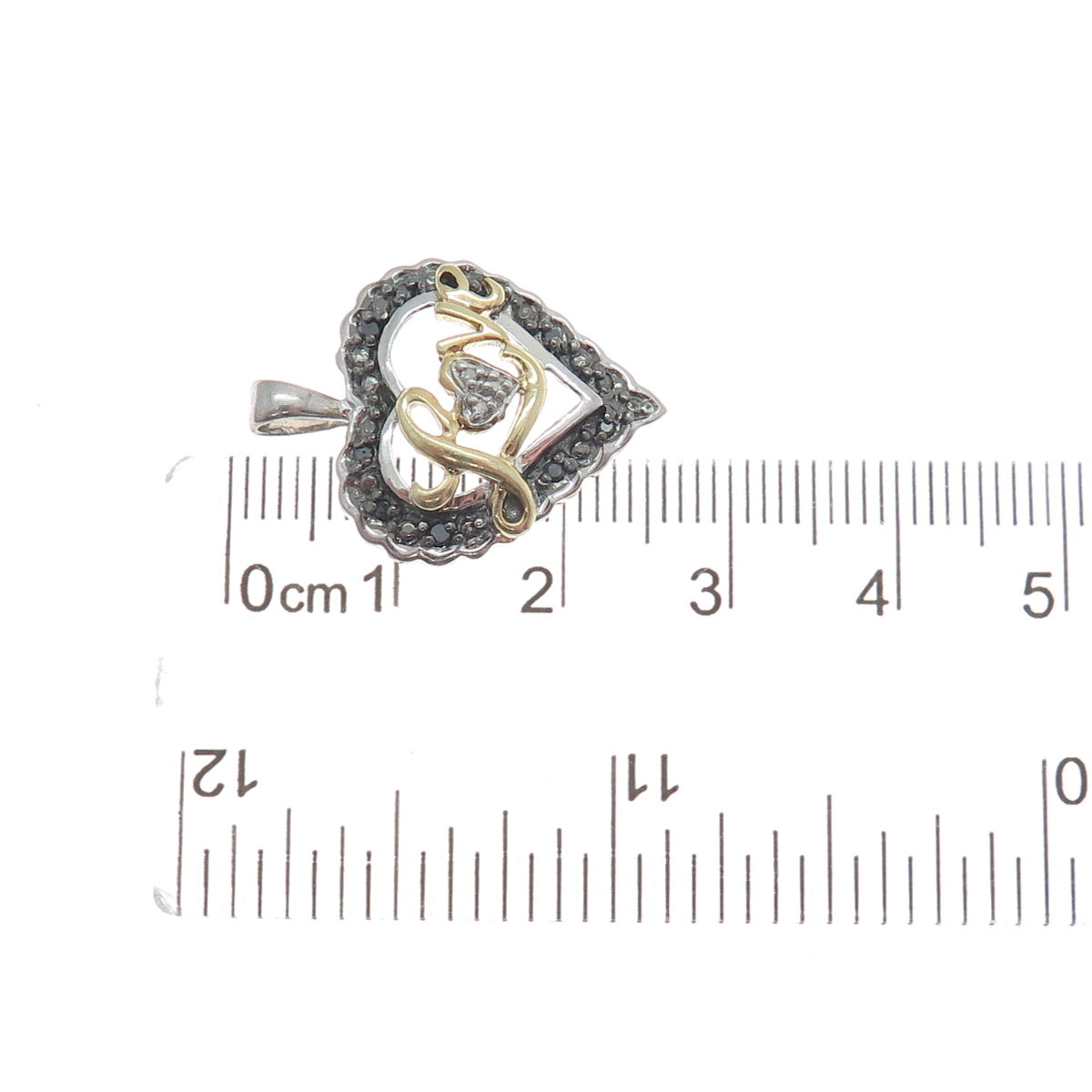 925 Sterling Silver 2-Tone Real Black & White Diamond "Love" Heart Pendant
