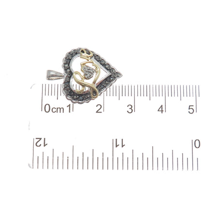 925 Sterling Silver 2-Tone Real Black & White Diamond "Love" Heart Pendant