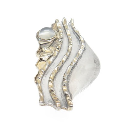 925 Sterling Silver 2-Tone Vintage RW Real Moonstone Modernist Pin Brooch